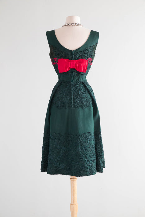 Exquisite 1950's Evergreen Silk Taffeta & Soutache Party Dress With Balmain Label / SM