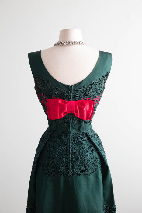 Exquisite 1950's Evergreen Silk Taffeta & Soutache Party Dress With Balmain Label / SM