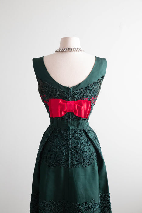 Exquisite 1950's Evergreen Silk Taffeta & Soutache Party Dress With Balmain Label / SM