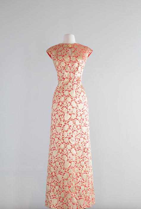 Vintage 1960's Golden Coral Brocade Evening Gown / ML