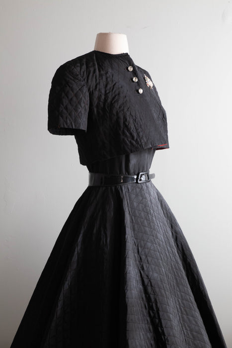 Fabulous 1950's Quilted Taffeta Black Party Dress With A Touch of Red / XS