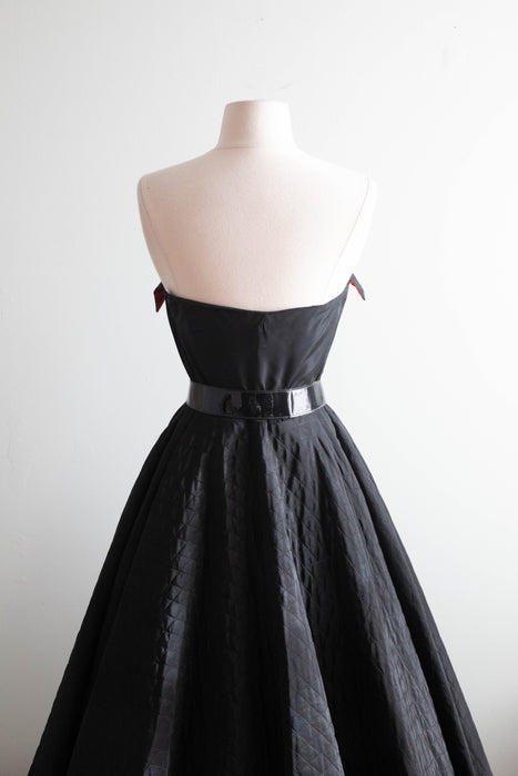 Fabulous 1950's Quilted Taffeta Black Party Dress With A Touch of Red / XS