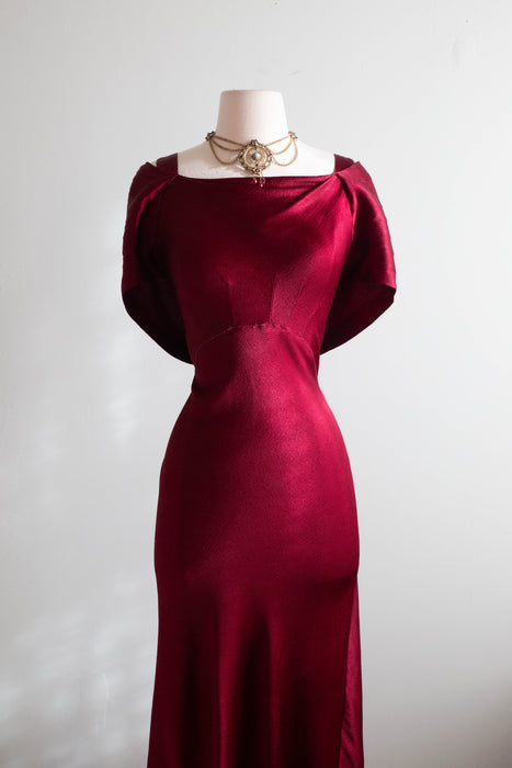 Stunning 1930's Satin Crepe Bias Cut Evening Gown In Crimson / SM