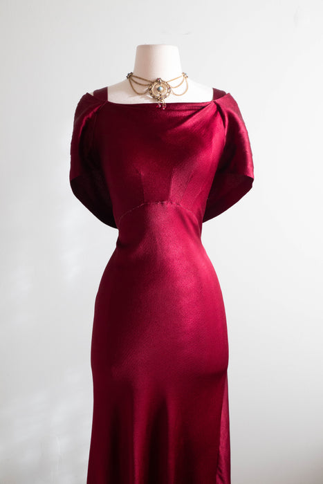 Stunning 1930's Satin Crepe Bias Cut Evening Gown In Crimson / SM