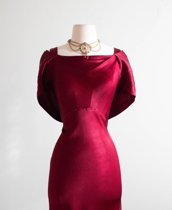 Stunning 1930's Satin Crepe Bias Cut Evening Gown In Crimson / SM