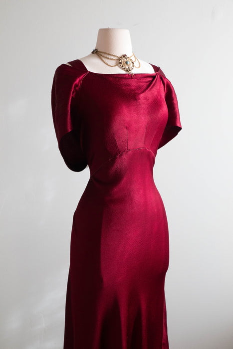 Stunning 1930's Satin Crepe Bias Cut Evening Gown In Crimson / SM