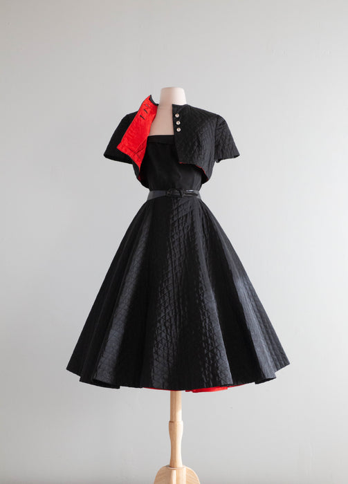 Fabulous 1950's Quilted Taffeta Black Party Dress With A Touch of Red / XS