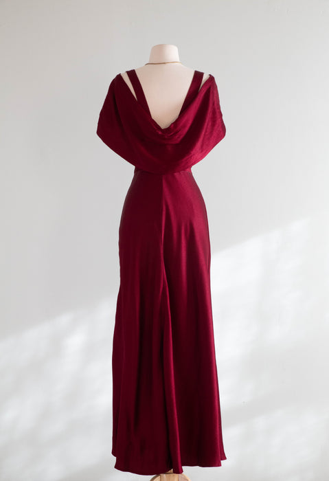 Stunning 1930's Satin Crepe Bias Cut Evening Gown In Crimson / SM