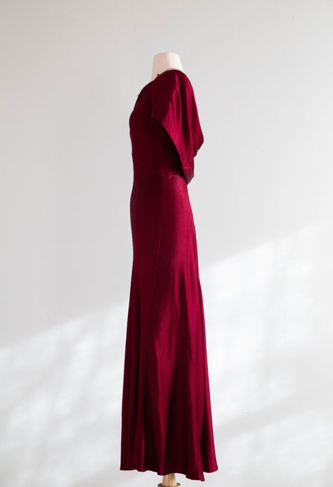 Stunning 1930's Satin Crepe Bias Cut Evening Gown In Crimson / SM