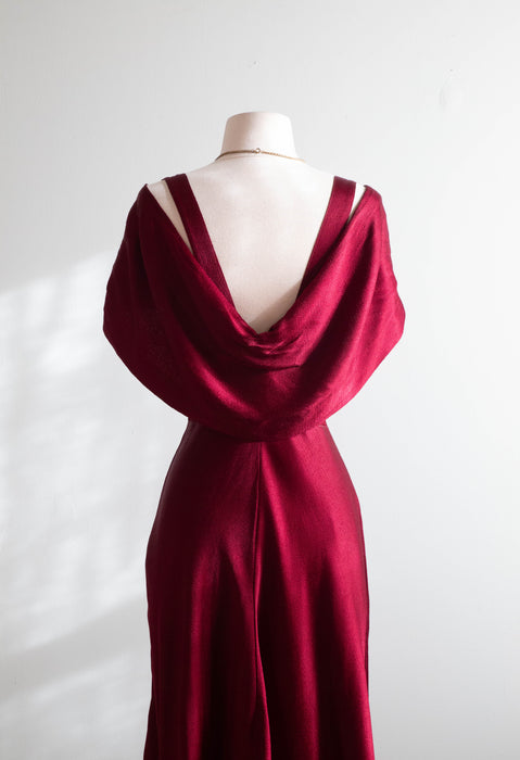 Stunning 1930's Satin Crepe Bias Cut Evening Gown In Crimson / SM