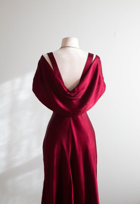 Stunning 1930's Satin Crepe Bias Cut Evening Gown In Crimson / SM