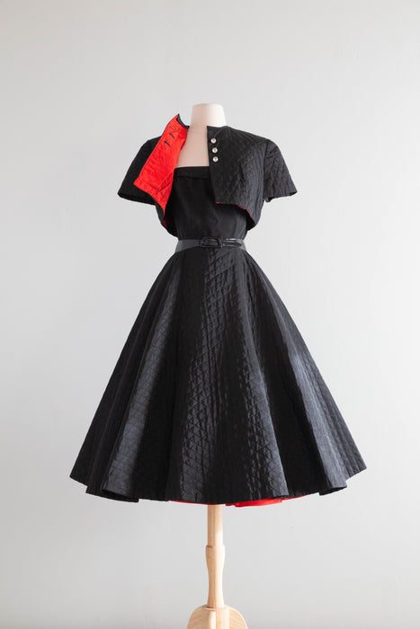 Fabulous 1950's Quilted Taffeta Black Party Dress With A Touch of Red / XS