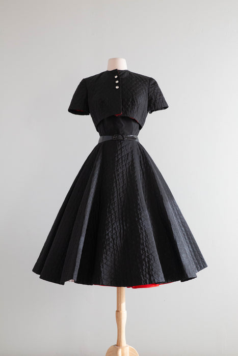 Fabulous 1950's Quilted Taffeta Black Party Dress With A Touch of Red / XS