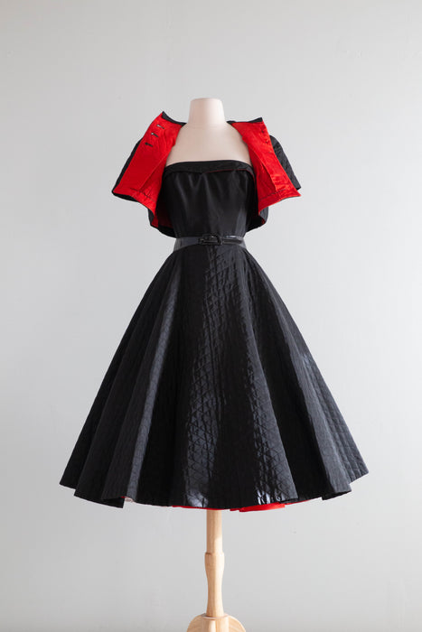 Fabulous 1950's Quilted Taffeta Black Party Dress With A Touch of Red / XS