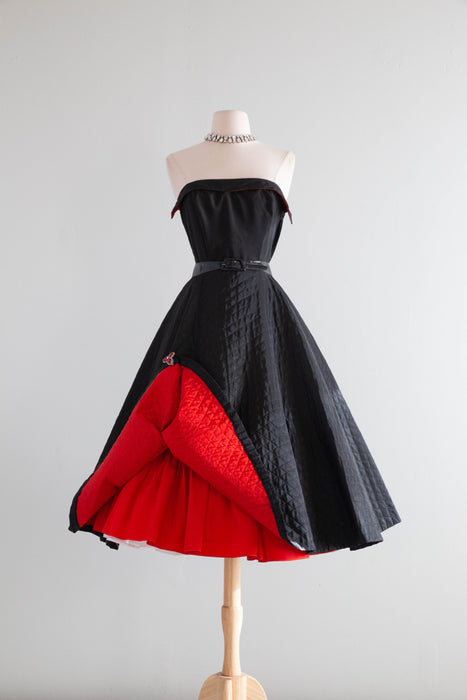 Fabulous 1950's Quilted Taffeta Black Party Dress With A Touch of Red / XS