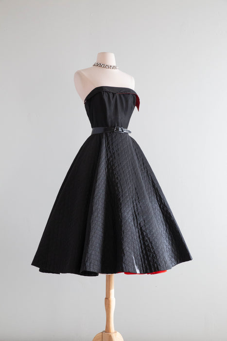 Fabulous 1950's Quilted Taffeta Black Party Dress With A Touch of Red / XS