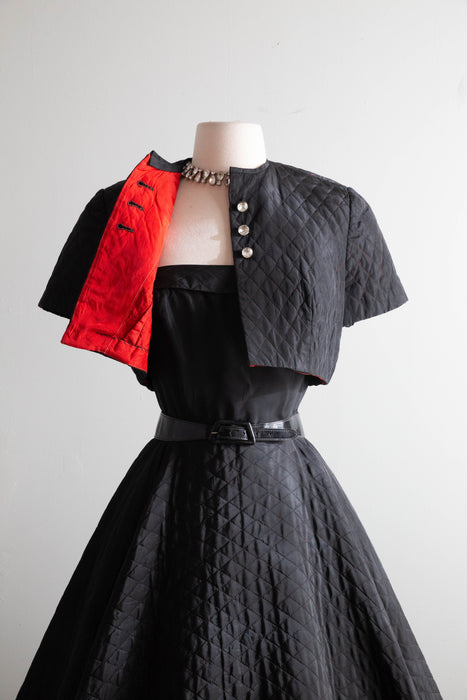 Fabulous 1950's Quilted Taffeta Black Party Dress With A Touch of Red / XS