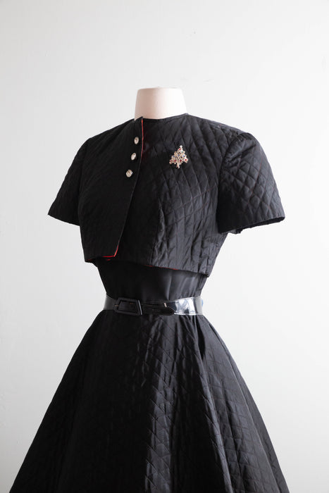 Fabulous 1950's Quilted Taffeta Black Party Dress With A Touch of Red / XS