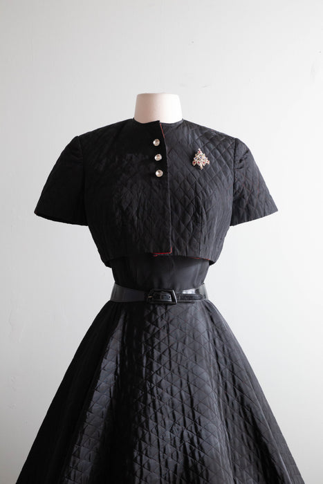 Fabulous 1950's Quilted Taffeta Black Party Dress With A Touch of Red / XS