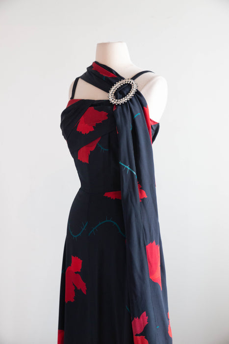 Divine Early 1940's Black Silk Rose Print Evening Gown With Matching Shawl / M