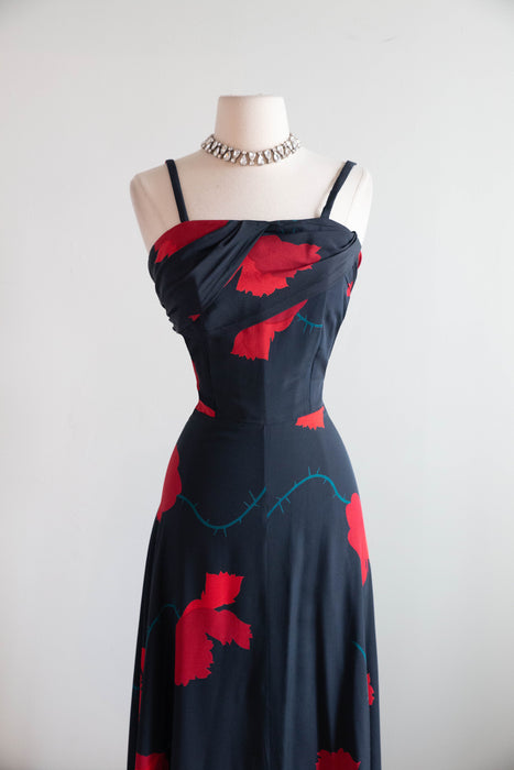 Divine Early 1940's Black Silk Rose Print Evening Gown With Matching Shawl / M