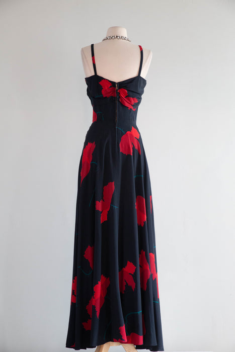 Divine Early 1940's Black Silk Rose Print Evening Gown With Matching Shawl / M