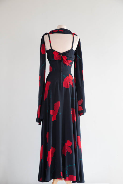 Divine Early 1940's Black Silk Rose Print Evening Gown With Matching Shawl / M