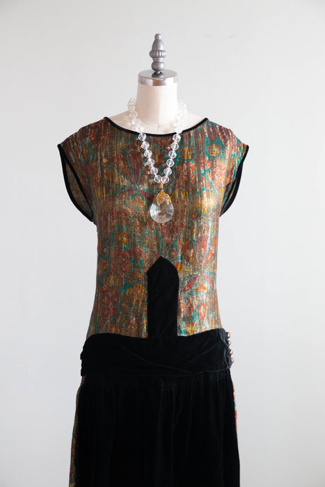Gorgeous 1920's Holiday Gold Lamé And Black Velvet Flapper Dress / M