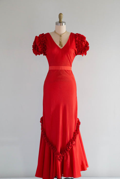 Fabulous 1930's Cherry Red Taffeta Flamenco Inspired Evening Gown / S
