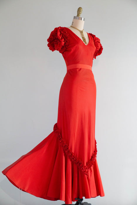 Fabulous 1930's Cherry Red Taffeta Flamenco Inspired Evening Gown / S