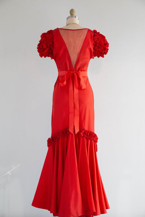 Fabulous 1930's Cherry Red Taffeta Flamenco Inspired Evening Gown / S