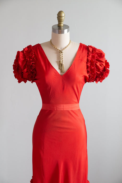 Fabulous 1930's Cherry Red Taffeta Flamenco Inspired Evening Gown / S