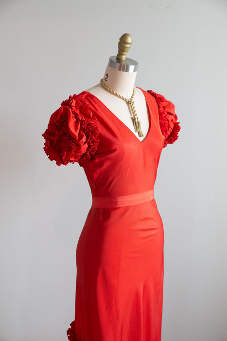 Fabulous 1930's Cherry Red Taffeta Flamenco Inspired Evening Gown / S