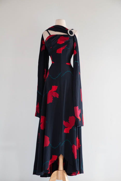 Divine Early 1940's Black Silk Rose Print Evening Gown With Matching Shawl / M