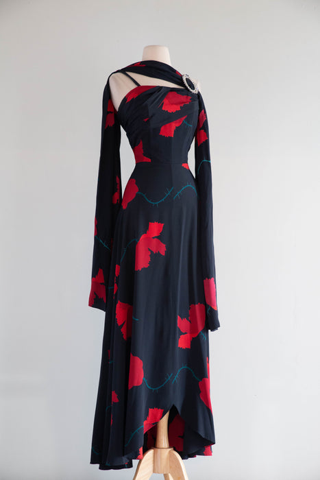 Divine Early 1940's Black Silk Rose Print Evening Gown With Matching Shawl / M