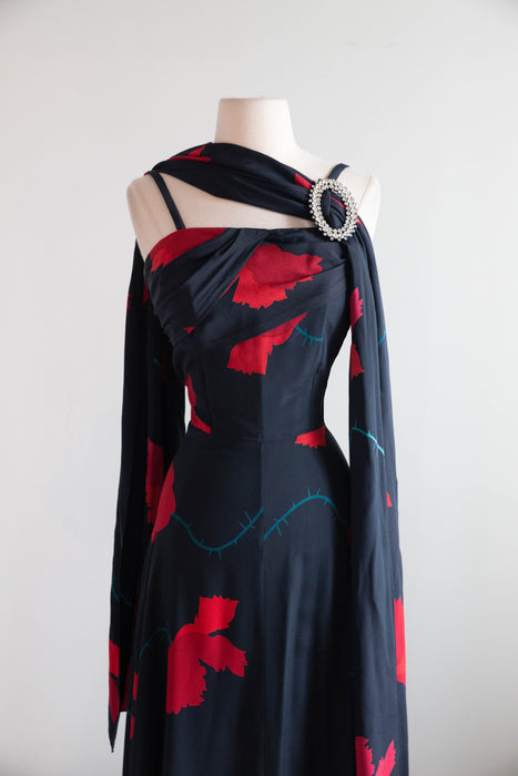 Divine Early 1940's Black Silk Rose Print Evening Gown With Matching Shawl / M