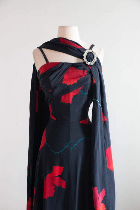 Divine Early 1940's Black Silk Rose Print Evening Gown With Matching Shawl / M