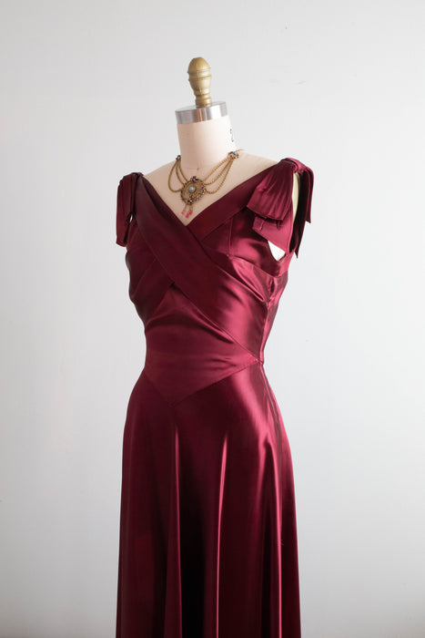 DIVINE 1930's Crimson Slipper Satin Bias Cut Evening Gown / Small