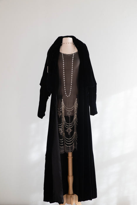 Divine Late 1920's Black Silk Velvet Full Length Evening Coat / SM