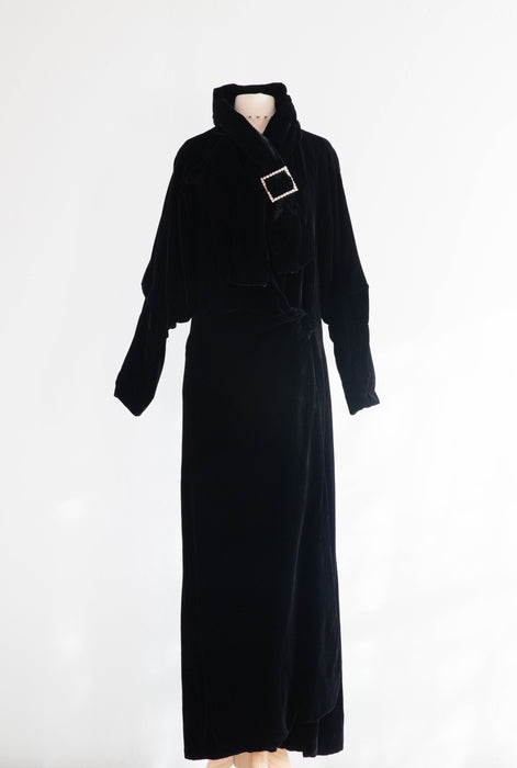 Divine Late 1920's Black Silk Velvet Full Length Evening Coat / SM