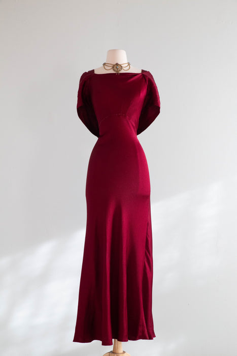 Stunning 1930's Satin Crepe Bias Cut Evening Gown In Crimson / SM Stunning 1930's Satin Crepe Bias Cut Evening Gown In Crimson / SM