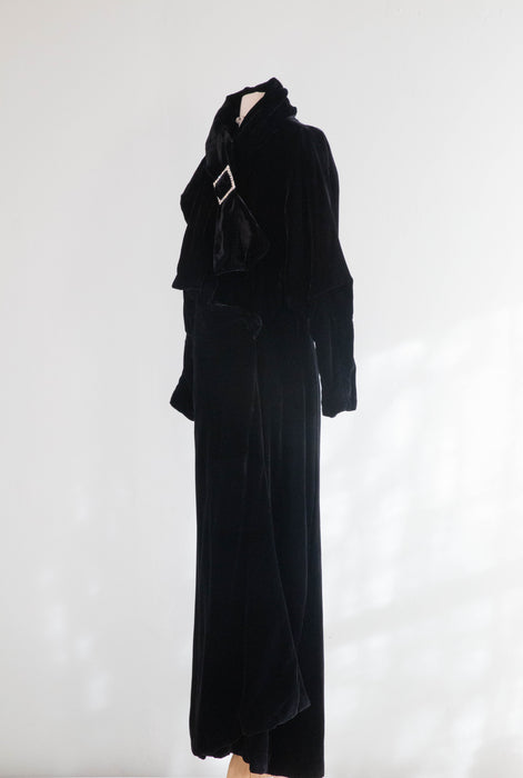 Divine Late 1920's Black Silk Velvet Full Length Evening Coat / SM