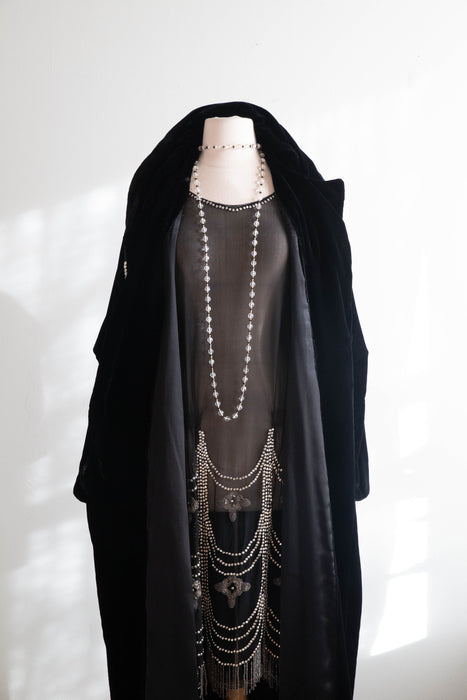 Divine Late 1920's Black Silk Velvet Full Length Evening Coat / SM