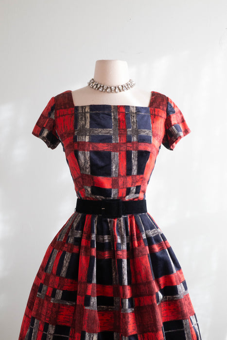 Rare 1960's James Galanos Silk Party Dress In Red & Black Plaid / Small