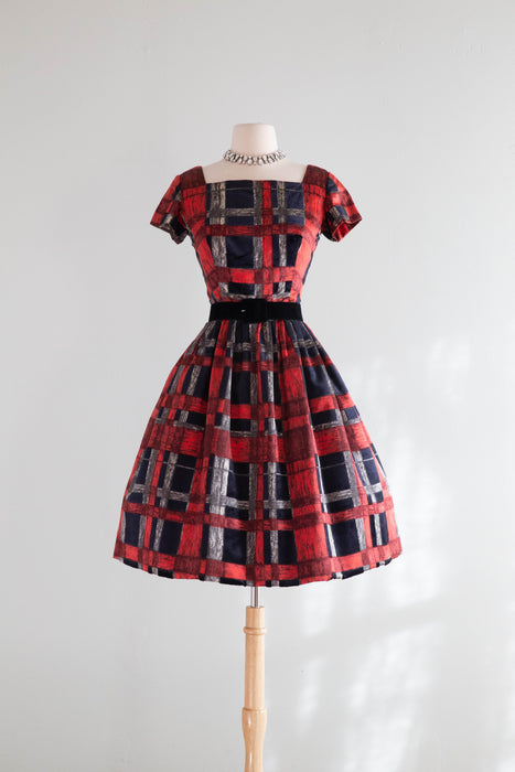 Rare 1960's James Galanos Silk Party Dress In Red & Black Plaid / Small