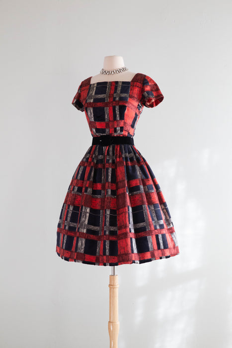 Rare 1960's James Galanos Silk Party Dress In Red & Black Plaid / Small