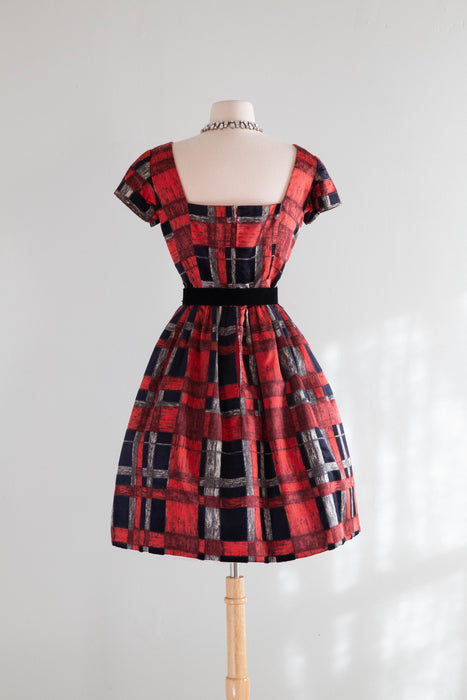 Rare 1960's James Galanos Silk Party Dress In Red & Black Plaid / Small