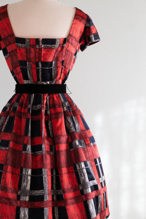 Rare 1960's James Galanos Silk Party Dress In Red & Black Plaid / Small