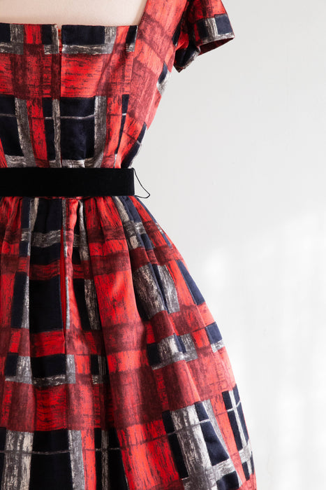 Rare 1960's James Galanos Silk Party Dress In Red & Black Plaid / Small