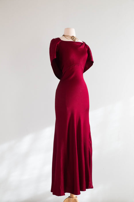 Stunning 1930's Satin Crepe Bias Cut Evening Gown In Crimson / SM